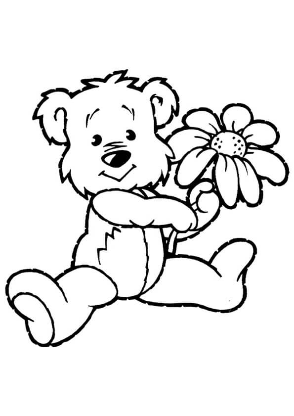 Dibujo de Osito de Peluche Tenencia Flor para Colorear