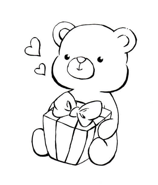 Dibujo de Oso de Peluche con Caja de Regalo para Colorear