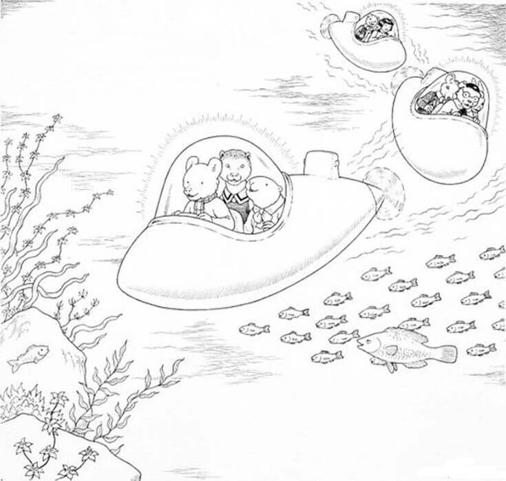 Dibujo de El Oso Rupert Monta un Submarino para Colorear