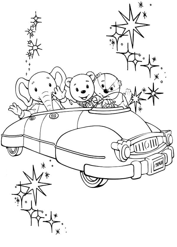 Dibujo de Rupert Oso y Amigos Montando un Coche para Colorear