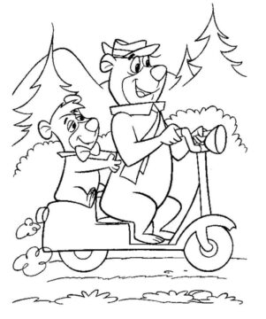Dibujo de Oso Yogui en Moto para Colorear