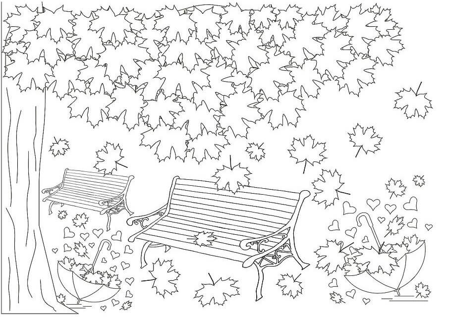 Dibujo de Árbol con Hojas y Silla en otoño para Colorear