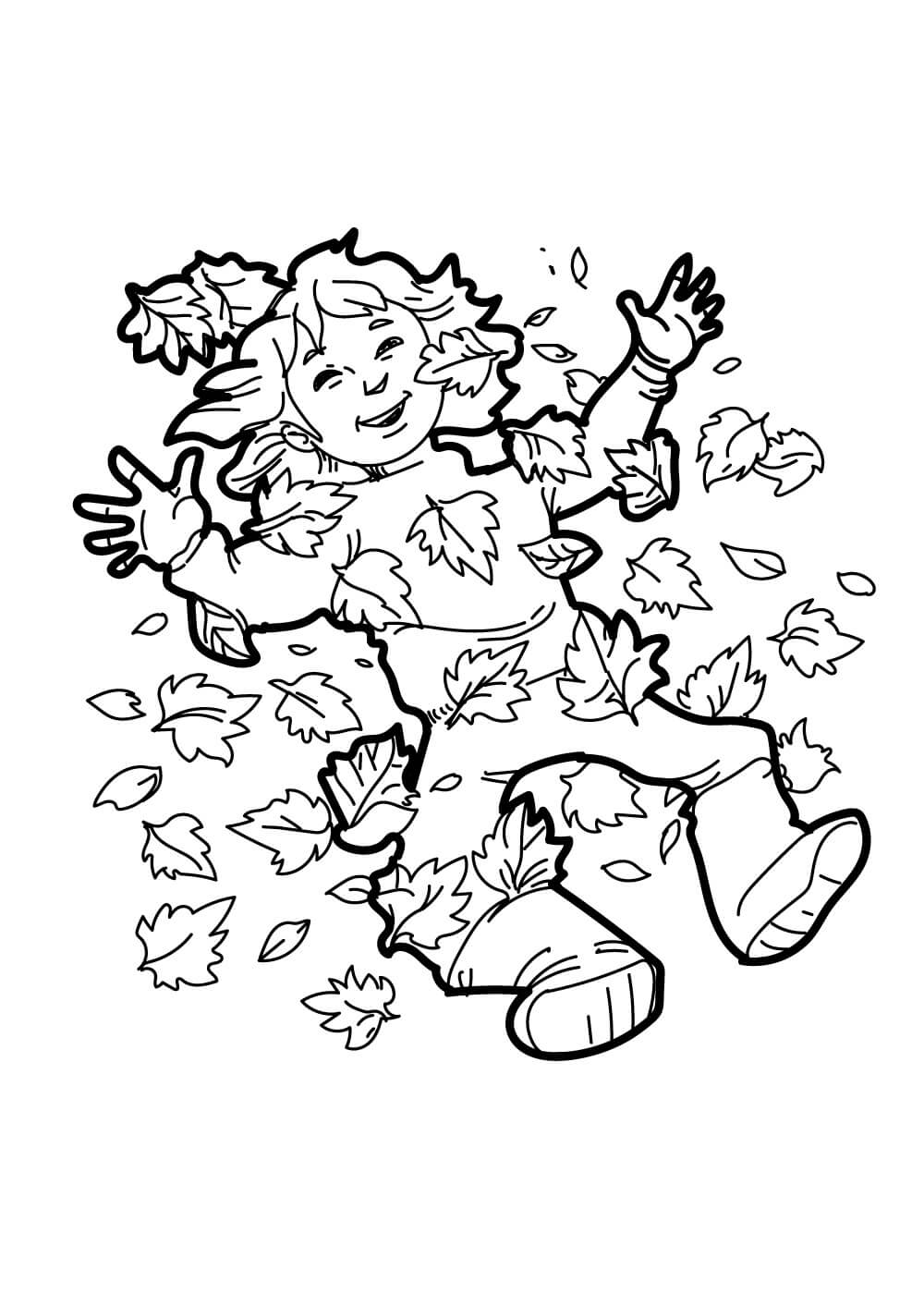 Dibujo de Chica con Hojas en otoño para Colorear