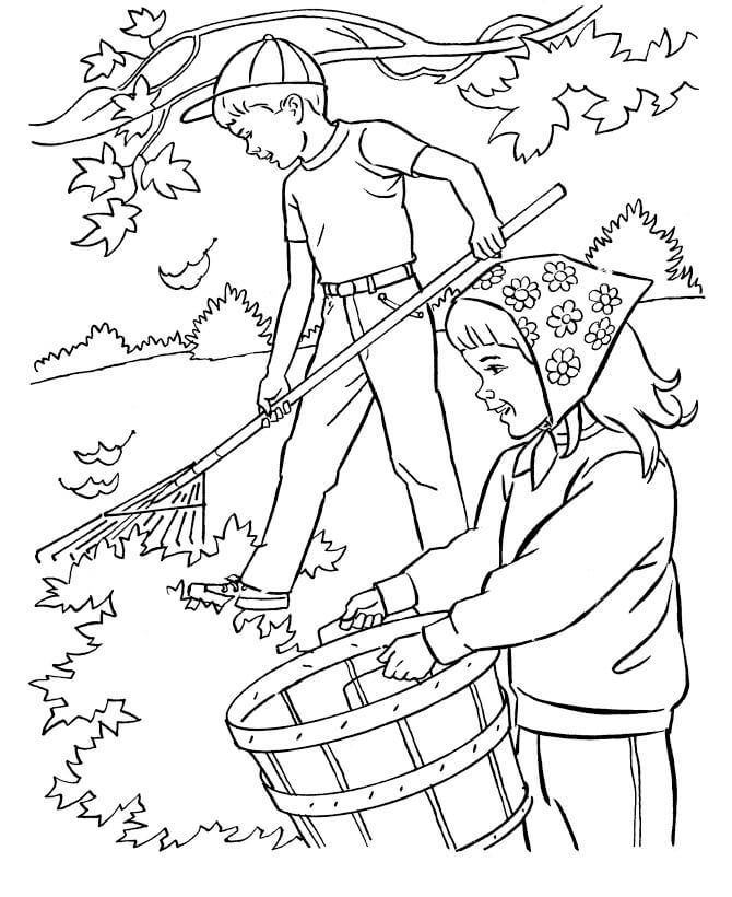 Dibujo de Dos niños Limpiando las Hojas en otoño para Colorear