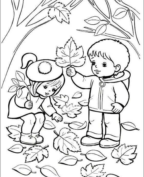 Dibujo de Dos niños Lindos con Hojas en otoño para Colorear