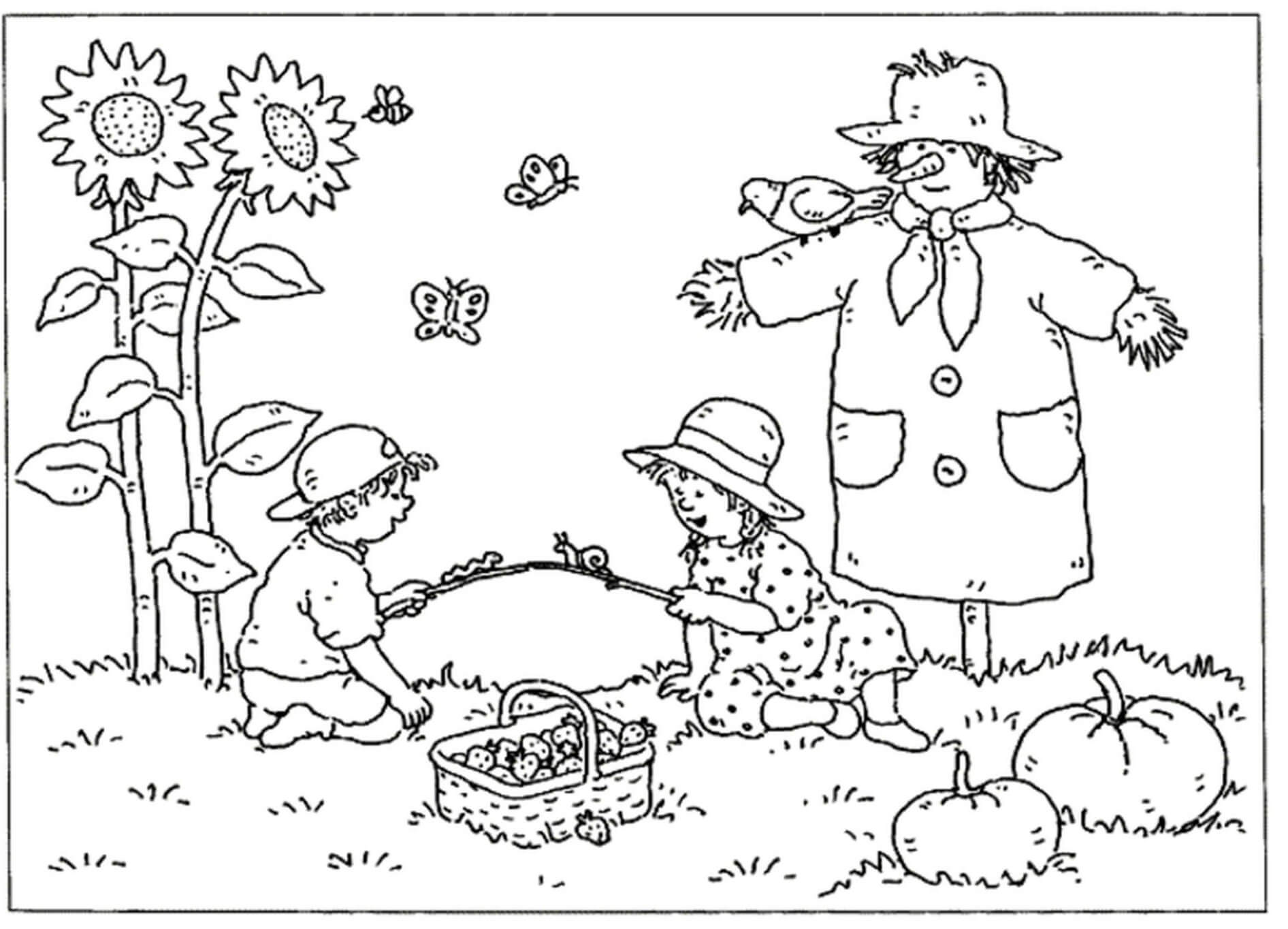 Dibujo de Dos niños y un Espantapajaros en el otoño para Colorear