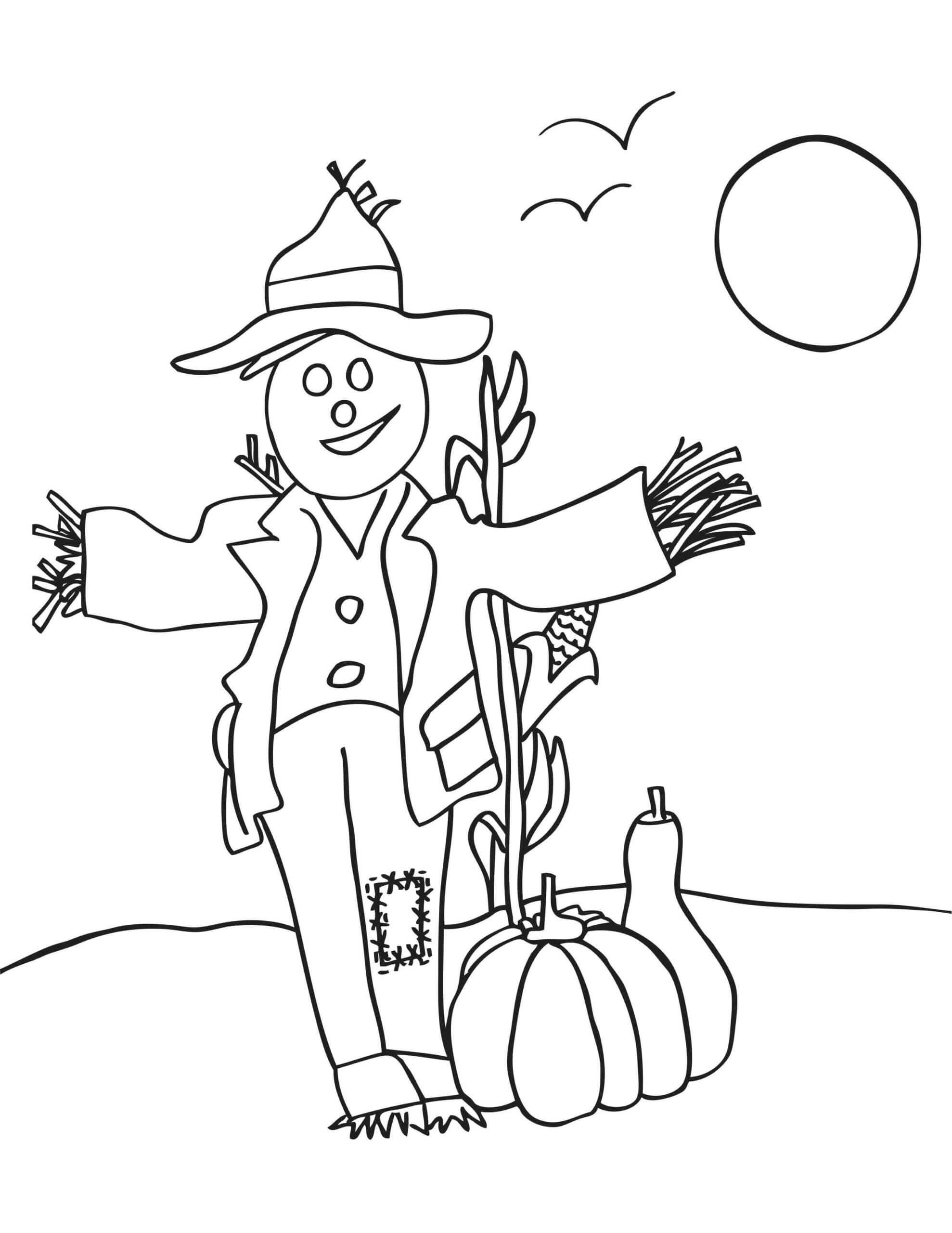 Dibujo de Espantapajaros y Calabaza en otoño para Colorear