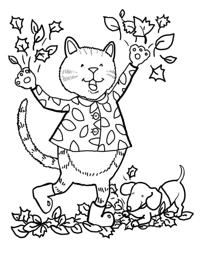 Dibujo de Gato y Perro en otoño para Colorear