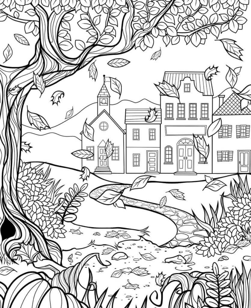 Dibujo de Hermoso Paisaje en otoño para Colorear