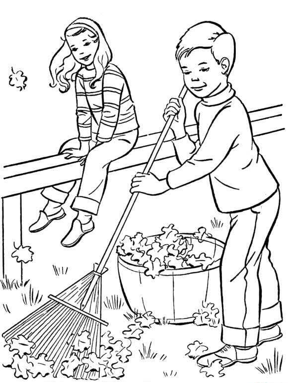 Dibujo de Niña y niño Barriendo Hojas en otoño para Colorear