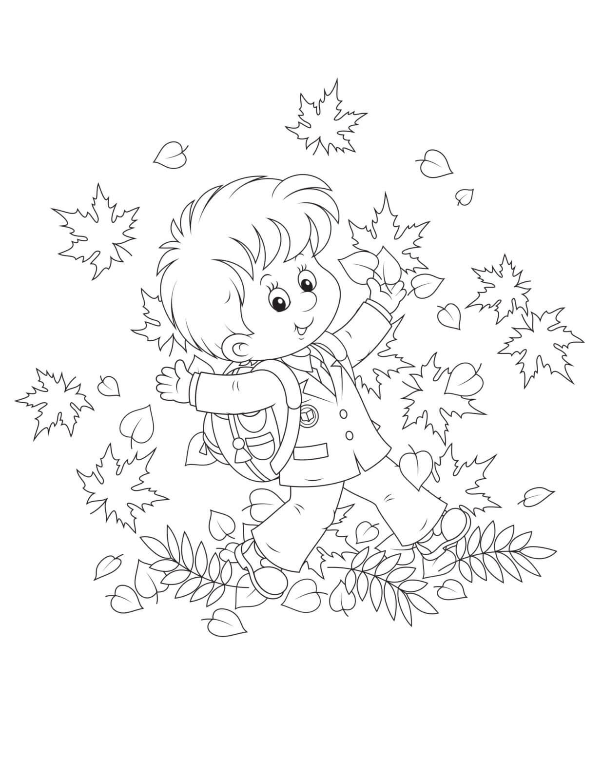 Dibujo de Niño Feliz con Hojas en otoño para Colorear