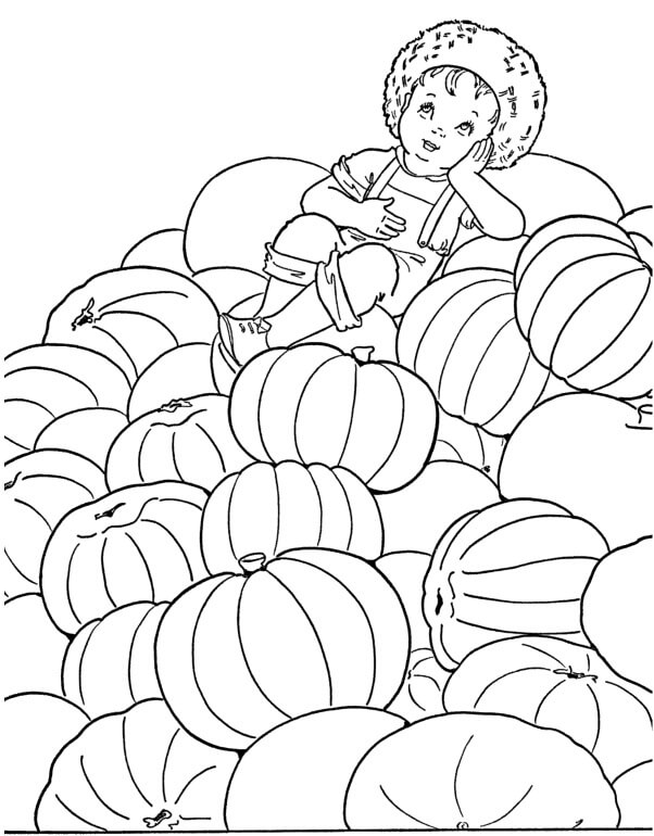 Dibujo de Niño con Calabazas para Colorear