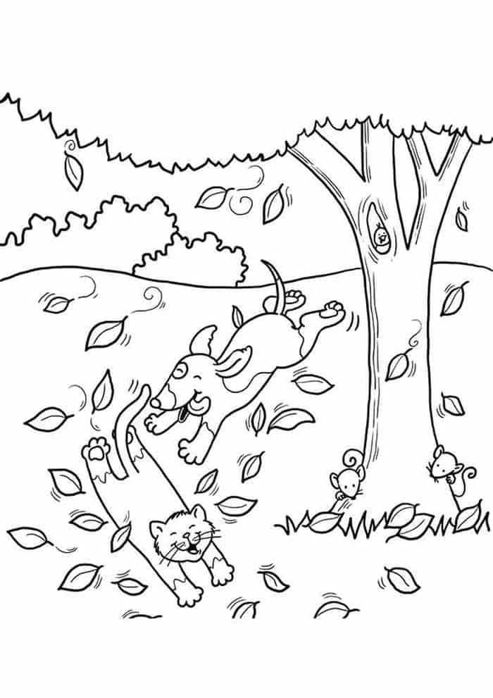 Dibujo de Perro y Gato Graciosos en otoño para Colorear