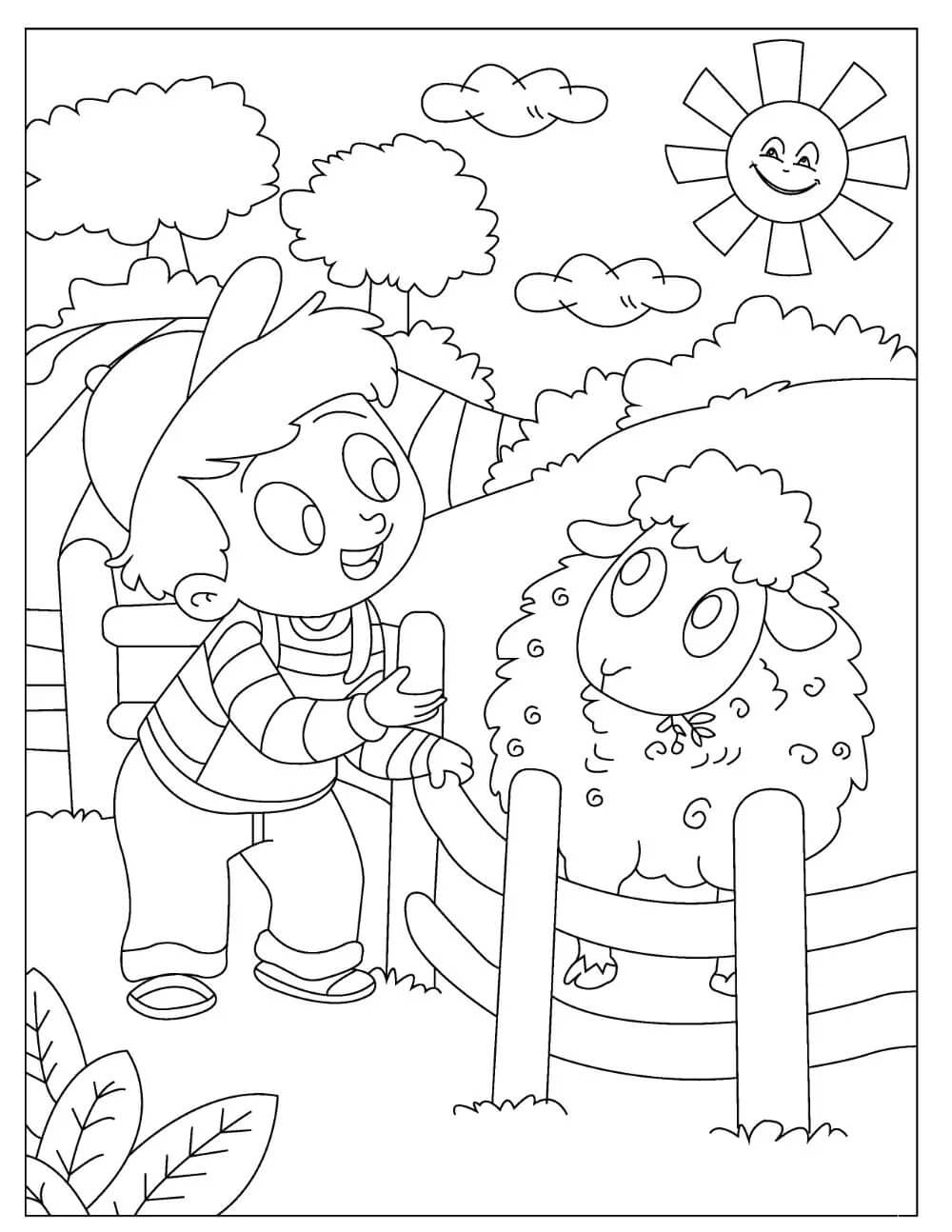 Dibujo de Chico Divertido con Ovejas para Colorear