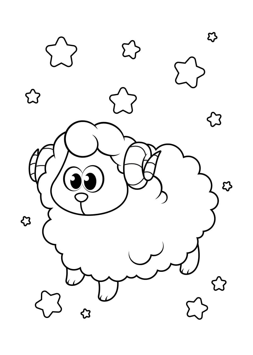 Dibujo de Linda Oveja con Estrellas para Colorear