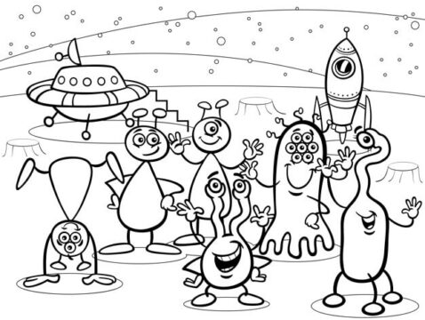 Dibujo de Ovni y Extraterrestre Divertido para Colorear