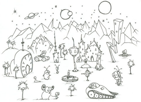 Dibujo de Ovnis y Nuevos Planetas para Colorear