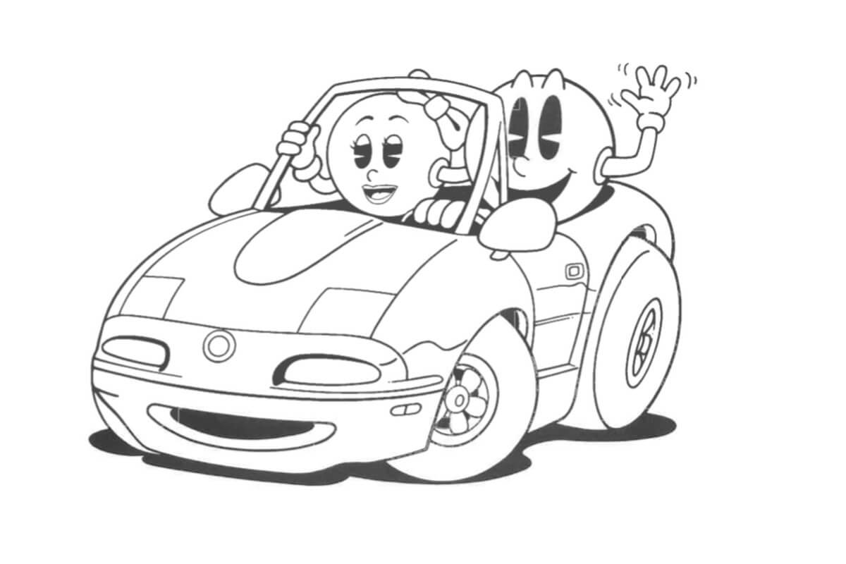 Dibujo de Pacman Conduciendo un Coche con Ms Pacman para Colorear