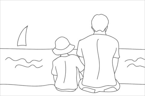 Dibujo de Padre e Hijo Sentado en Playa para Colorear