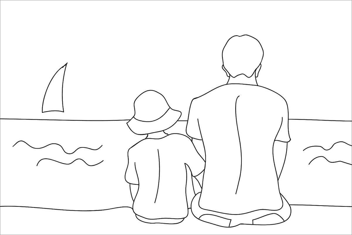 Dibujo de Padre e Hijo Sentado en Playa para Colorear