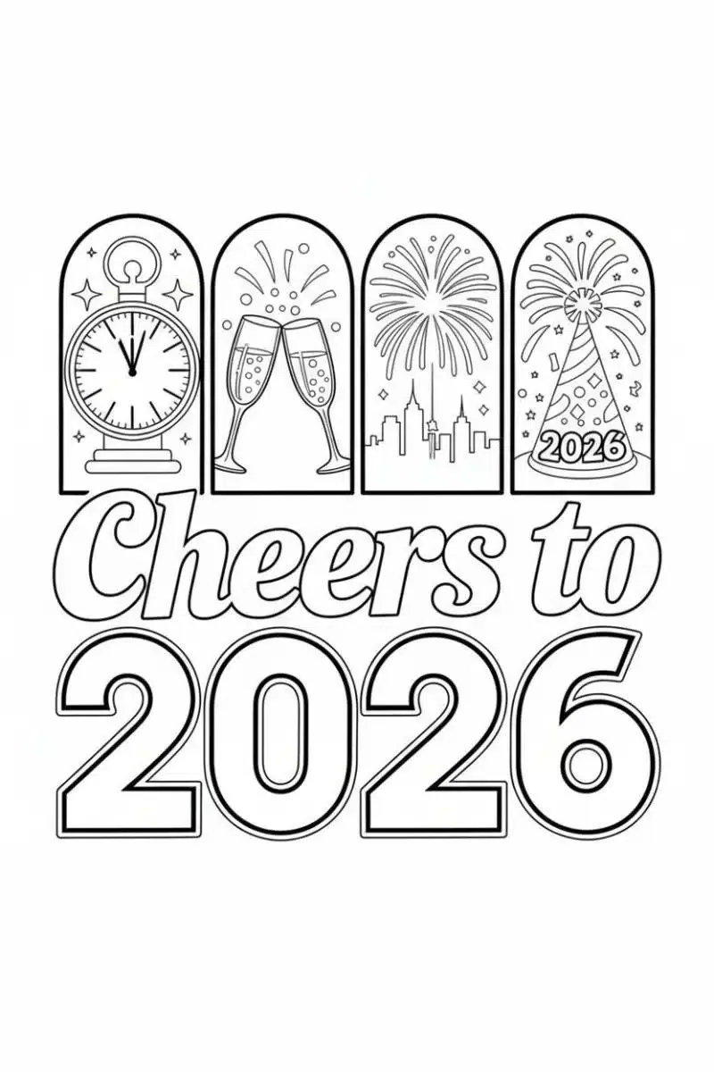 Dibujo de Cheers To 2026 Festive Champagne Toast Coloring Page para Colorear