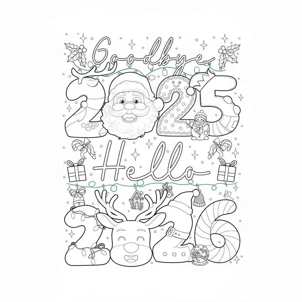Dibujo de Goodbye 2025 Hello 2026 Seasonal Transition Coloring Page para Colorear
