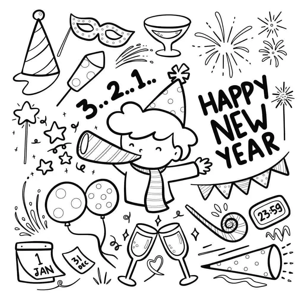 Dibujo de Happy Kid Blowing New Year Horn 2026 Coloring Page para Colorear