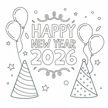 Dibujo de New Years Eve 2026 Party Hat And Balloons Coloring Page para Colorear