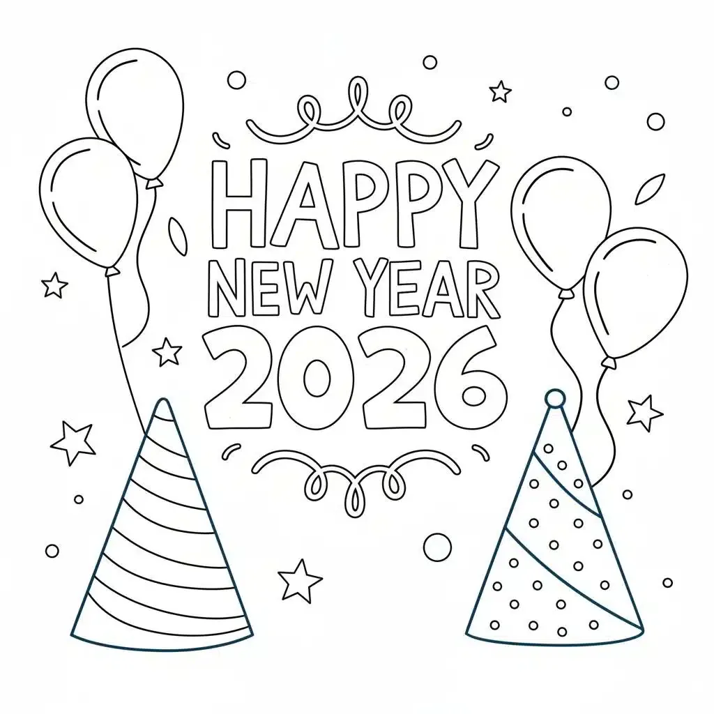Dibujo de New Years Eve 2026 Party Hat And Balloons Coloring Page para Colorear
