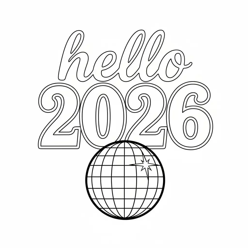 Dibujo de Retro Disco Ball Hello 2026 Coloring Page para Colorear