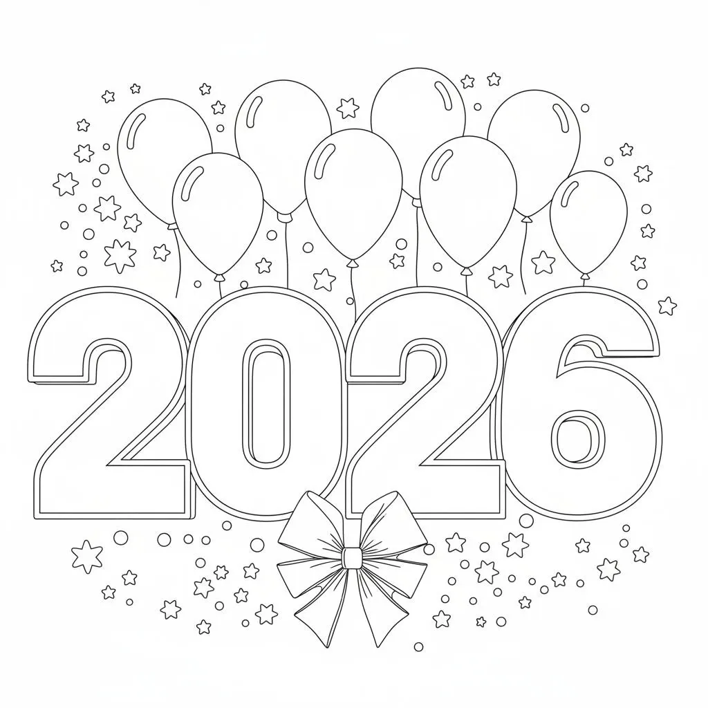Dibujo de Welcome 2026 Balloon Bouquet Party Coloring Page para Colorear