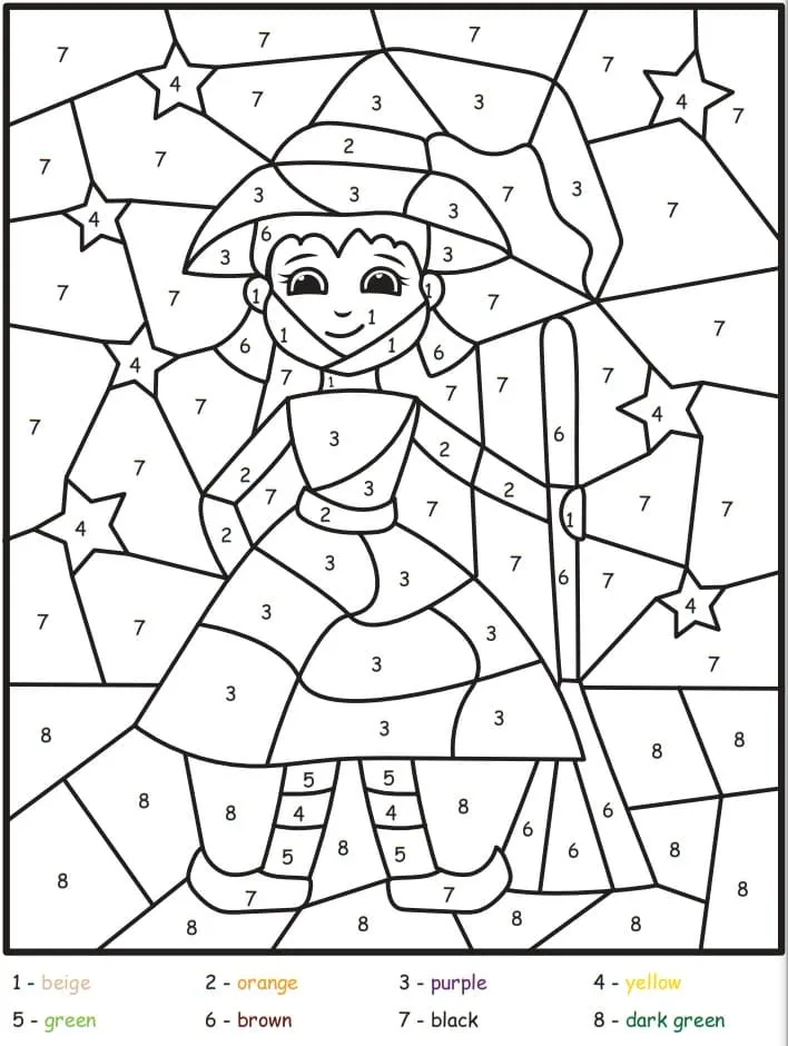 Dibujo de Cute Halloween Witch Color By Number para Colorear