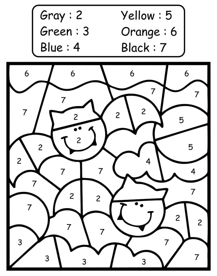 Dibujo de Halloween Bats Flying Color By Number para Colorear