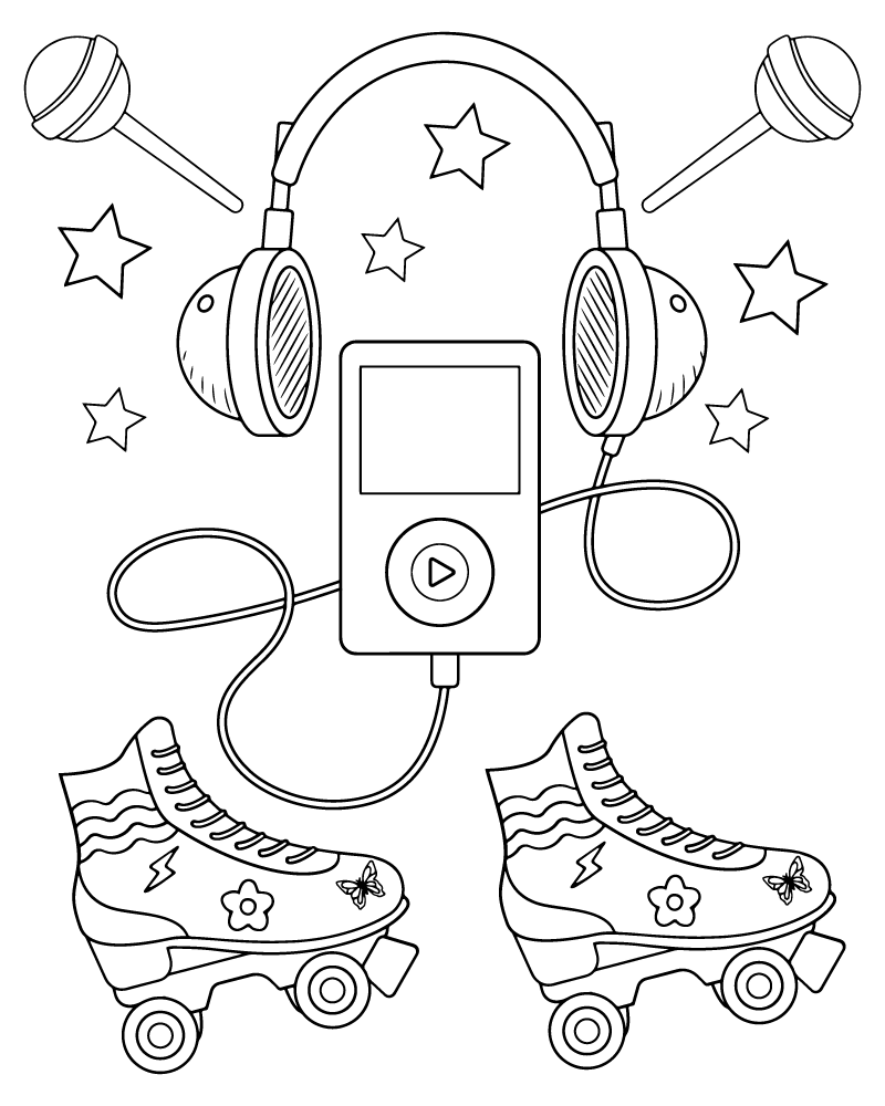 Dibujo de Y2k Skate Shoes And Mp3 Player Coloring Page para Colorear