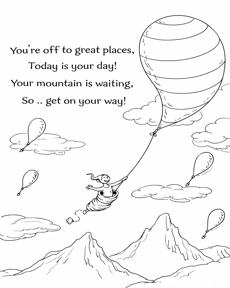 Dibujo de Viaje de Globo y montaña Oh los Lugares a los Que Llegaras página para Colorear