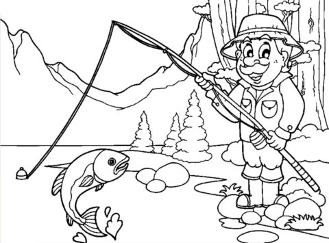 Dibujo de Pescador en un Paisaje de Lago para Colorear