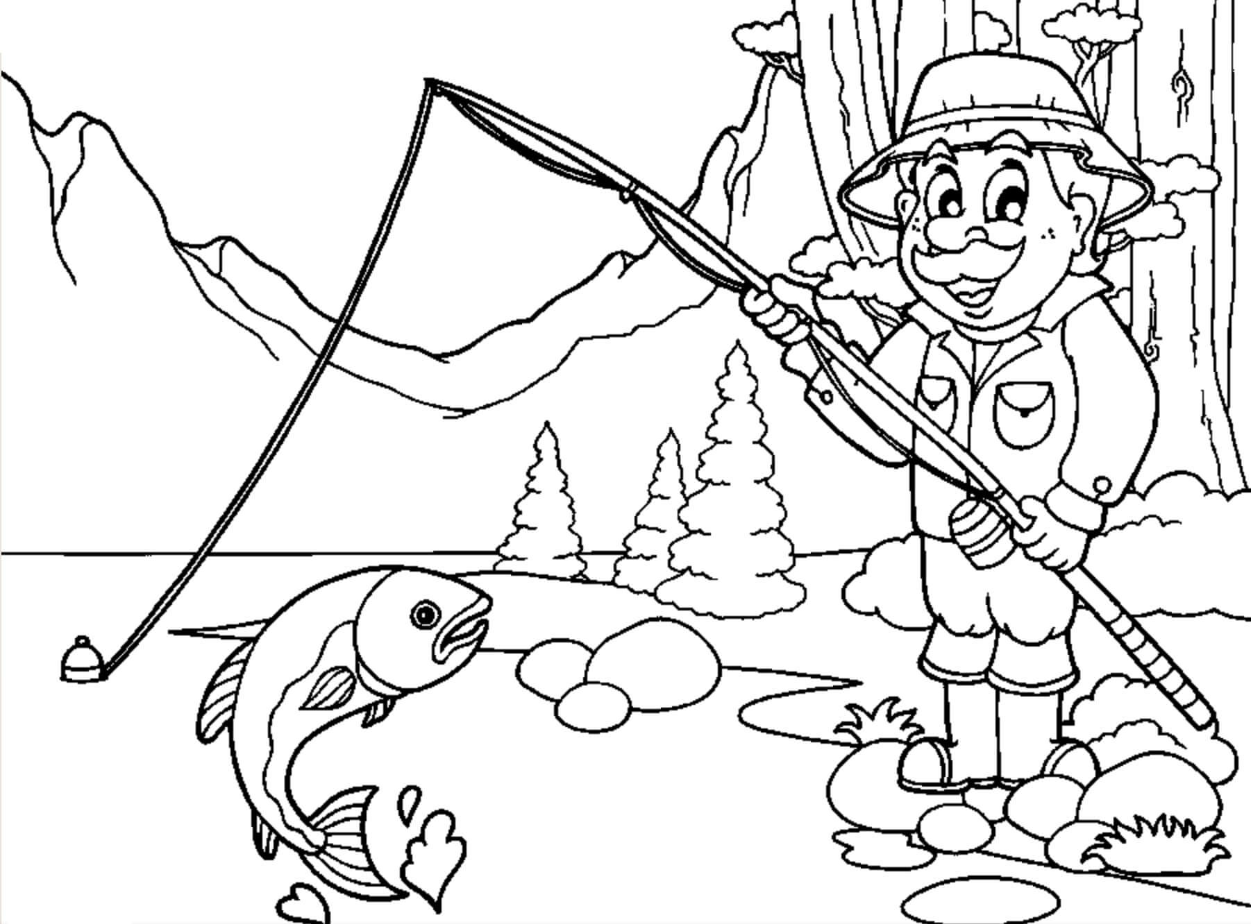 Dibujo de Pescador en un Paisaje de Lago para Colorear