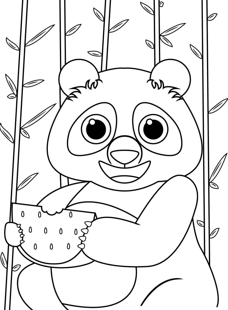 Dibujo de Panda Divertido Comiendo sandía para Colorear