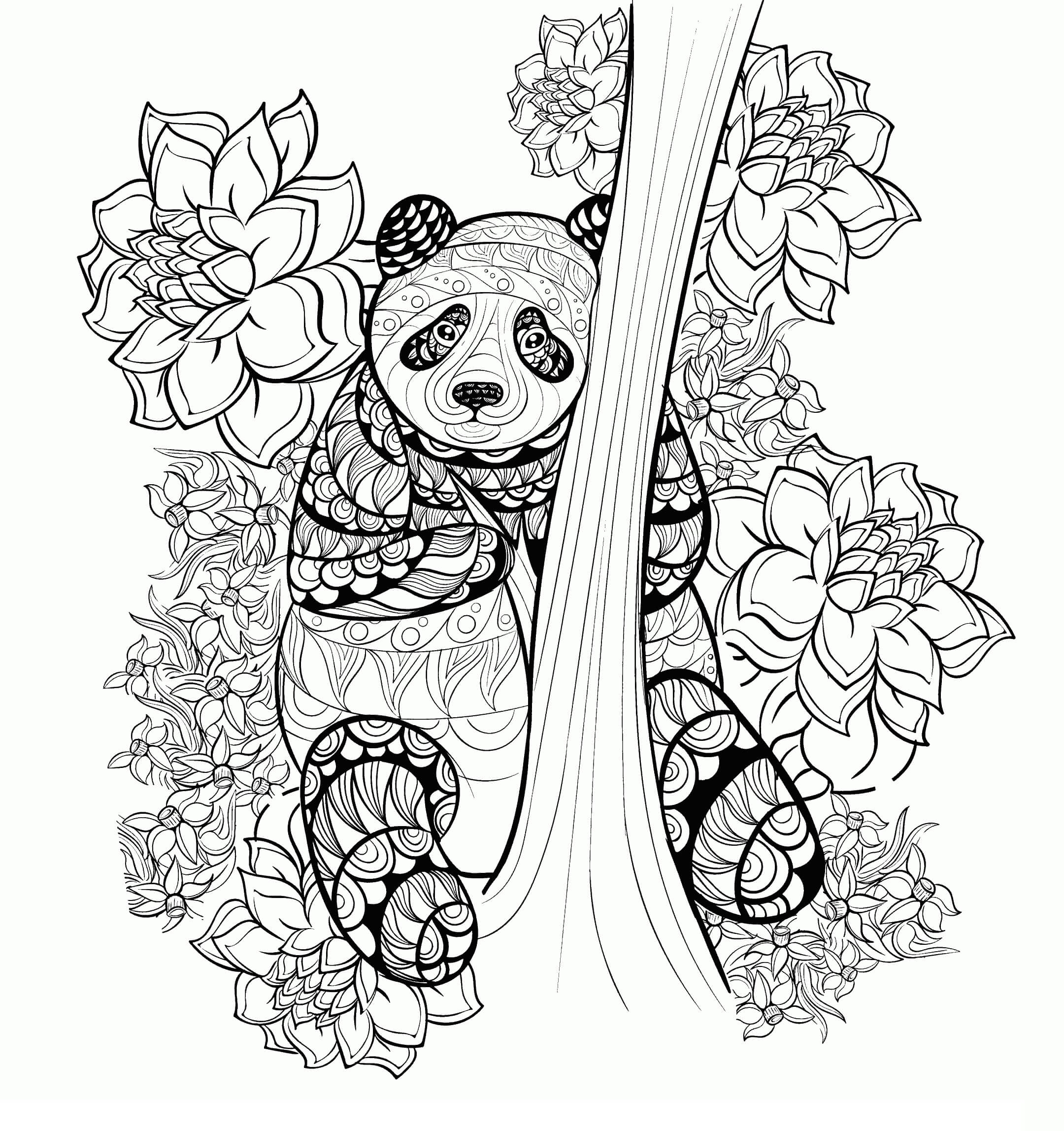 Dibujo de Panda con Mandala de árbol y Flores para Colorear