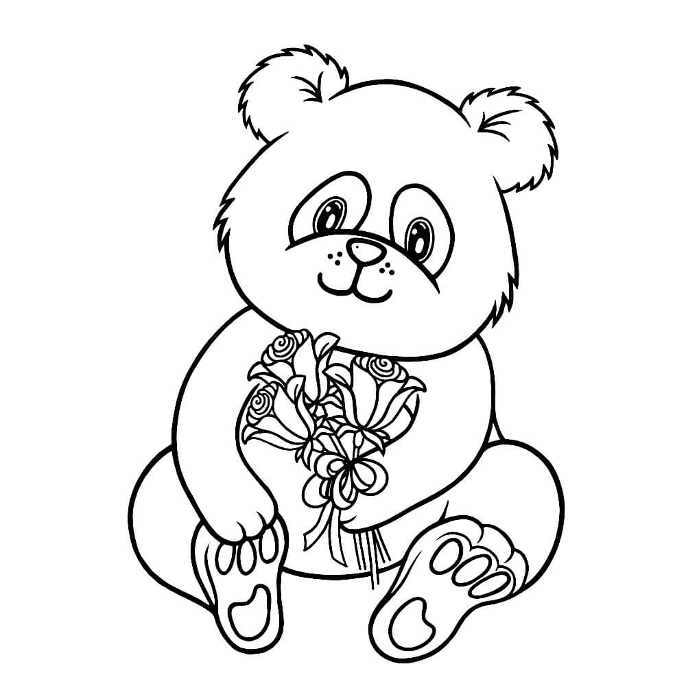 Dibujo de Panda con Ramo de Flores para Colorear