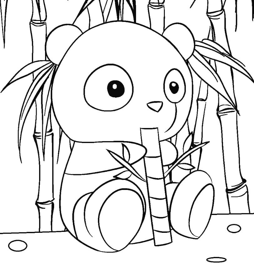 Dibujo de El pequeño Panda Esta Comiendo bambú para Colorear