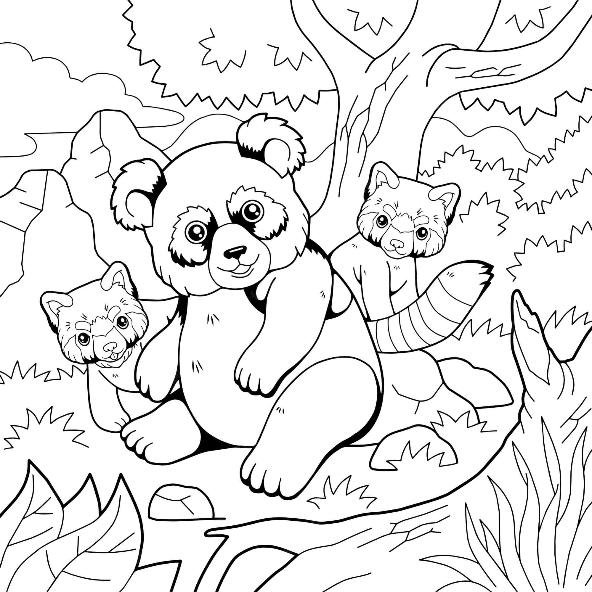 Dibujo de Madre Panda y Dos bebés Panda para Colorear