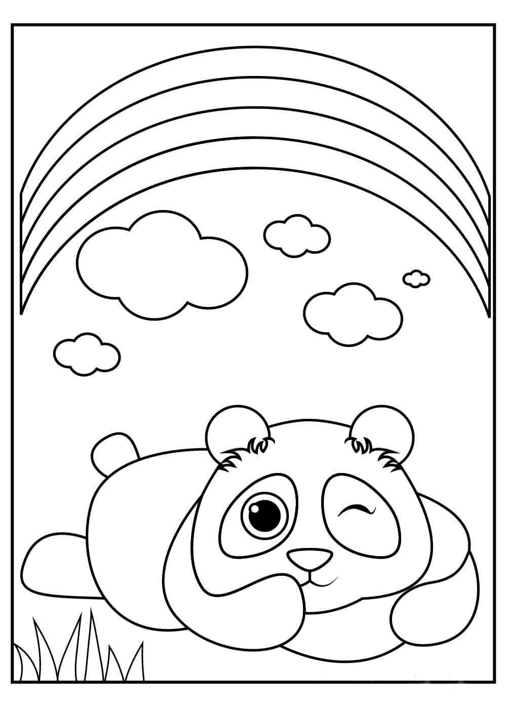 Dibujo de Panda Acostado con Arco Iris para Colorear