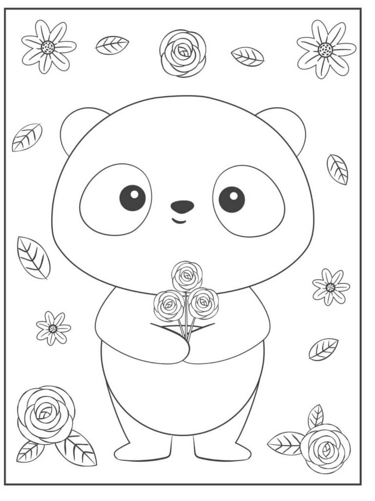 Dibujo de Panda con Flores para Colorear