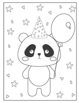 Dibujo de Panda Sosteniendo un Globo en la Fiesta de cumpleaños para Colorear
