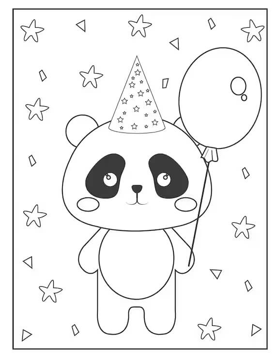 Dibujo de Panda Sosteniendo un Globo en la Fiesta de cumpleaños para Colorear