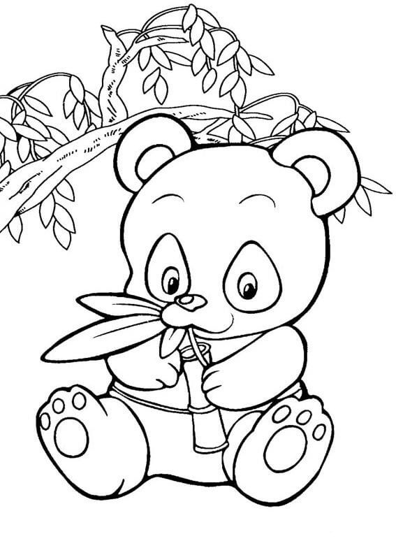 Dibujo de Pequeño Panda Comiendo bambú con árbol para Colorear