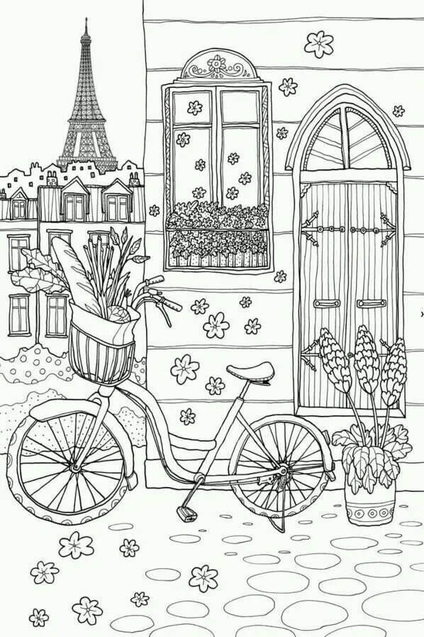Dibujo de Bicicletas en la Ciudad de Paris para Colorear