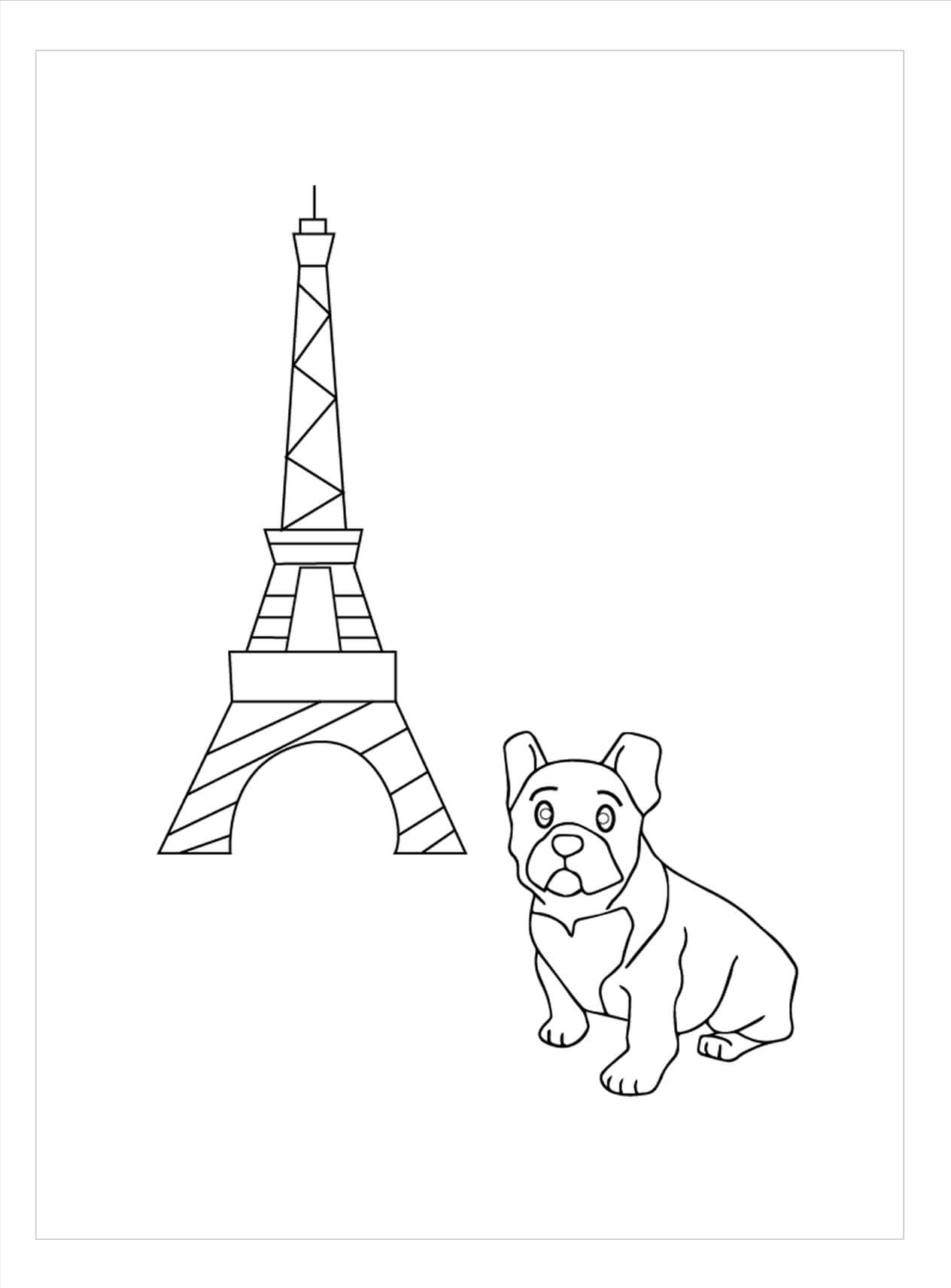 Dibujo de Bulldog y la Torre Eiffel para Colorear