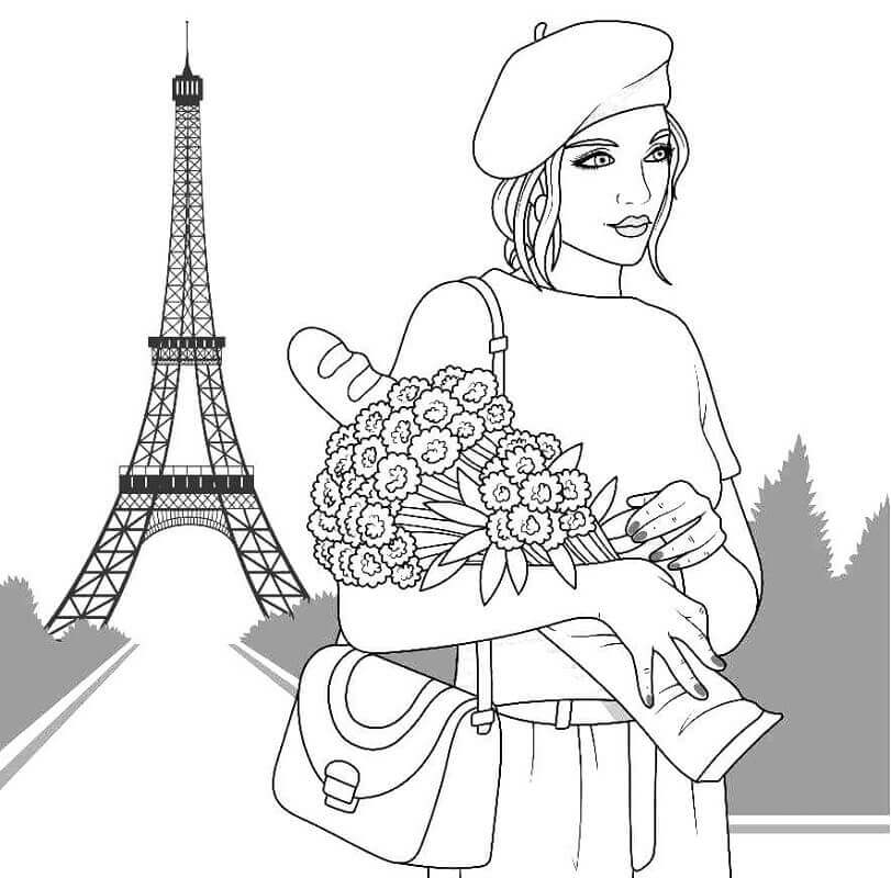 Dibujo de Chica Sosteniendo Ramo de Flores con Eiffel para Colorear